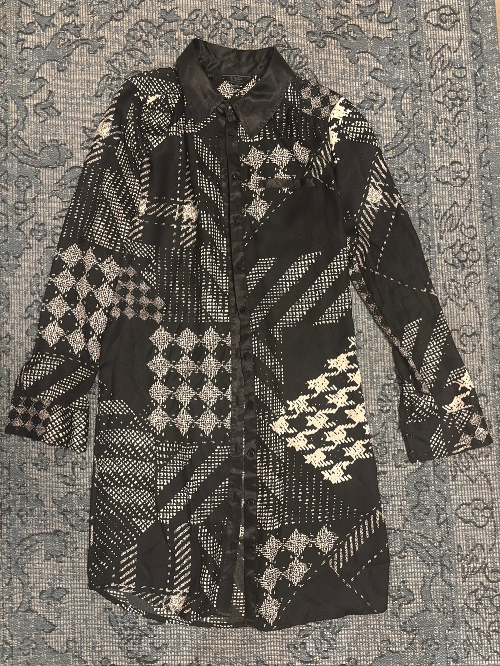 Guess Black and White Patterned Long Shirt Jacket